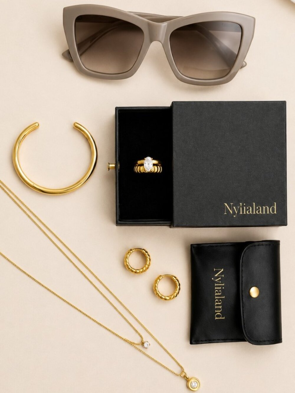 Nylialand Gold Jewelry Bundle & Cat Eye Sunglasses